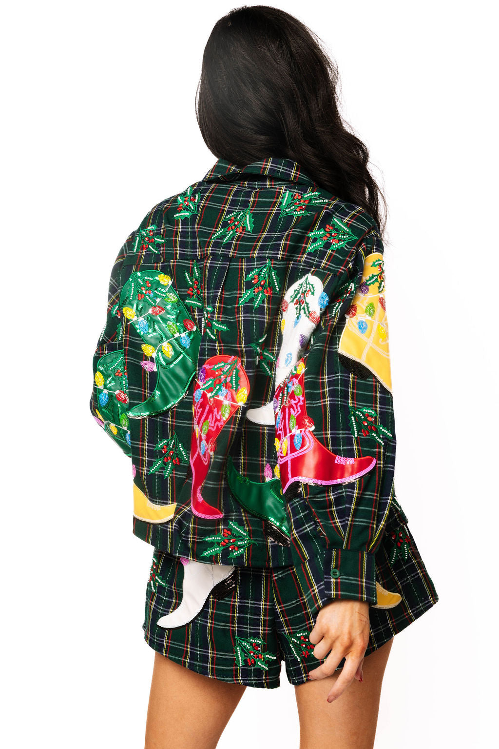 Queen of Sparkles dark green plaid Christmas cowboy boots button-up top with sequin embellishments at ooh la la! in Grapevne TX 76051