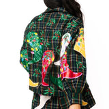 Queen of Sparkles dark green plaid Christmas cowboy boots button-up top with sequin embellishments at ooh la la! in Grapevne TX 76051