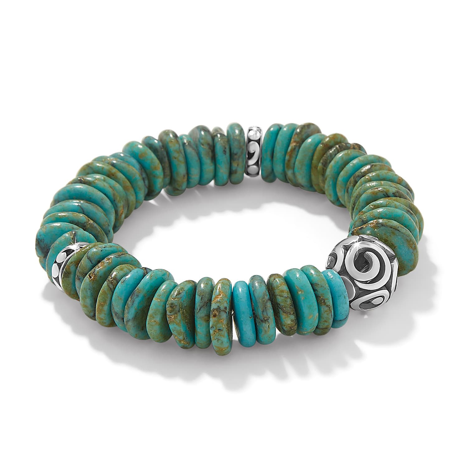 Brighton turquoise stretch bracelet with silver accent beads on white background