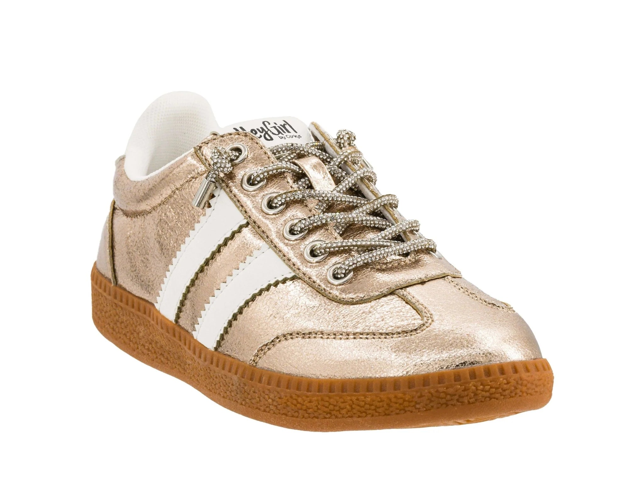 Corky's Heads Up Sneakers in gold metallic crinkle leather with white stripes and gum sole at ooh la la! in Grapevine TX 76051