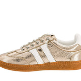 Corky's Heads Up Sneakers in gold metallic crinkle leather with white stripes and gum sole at ooh la la! in Grapevine TX 76051