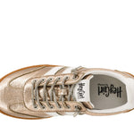 Corky's Heads Up Sneakers in gold metallic crinkle leather with white stripes and gum sole at ooh la la! in Grapevine TX 76051