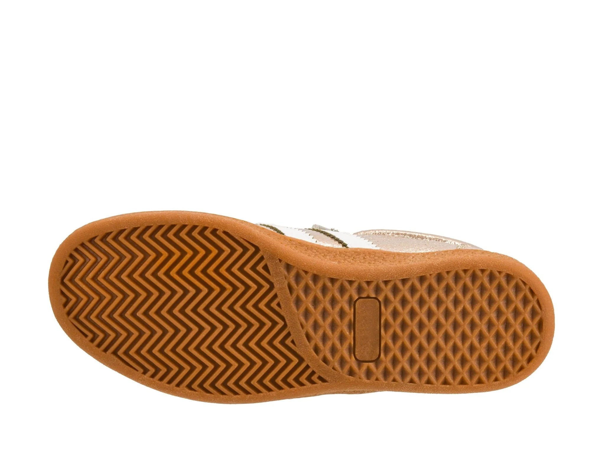Corky's Heads Up Sneakers in gold metallic crinkle leather with white stripes and gum sole at ooh la la! in Grapevine TX 76051