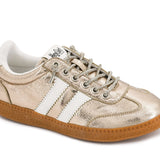 Corky's Heads Up Sneakers in gold metallic crinkle leather with white stripes and gum sole at ooh la la! in Grapevine TX 76051