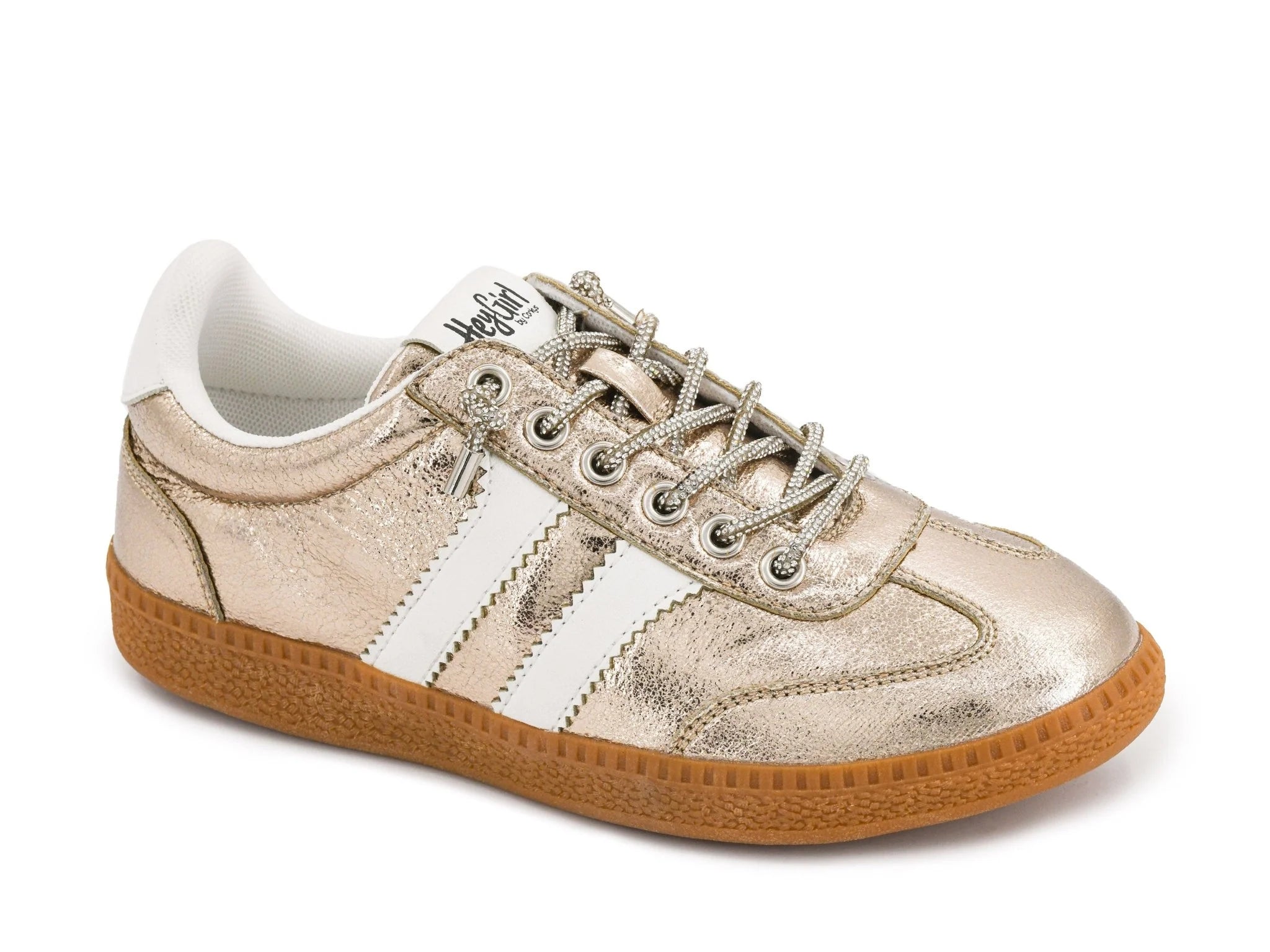 Corky's Heads Up Sneakers in gold metallic crinkle leather with white stripes and gum sole at ooh la la! in Grapevine TX 76051