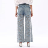 Crystal Embellished Velvet Floral Lace Wide Leg Jeans at ooh la la! in Grapevine TX 76051
