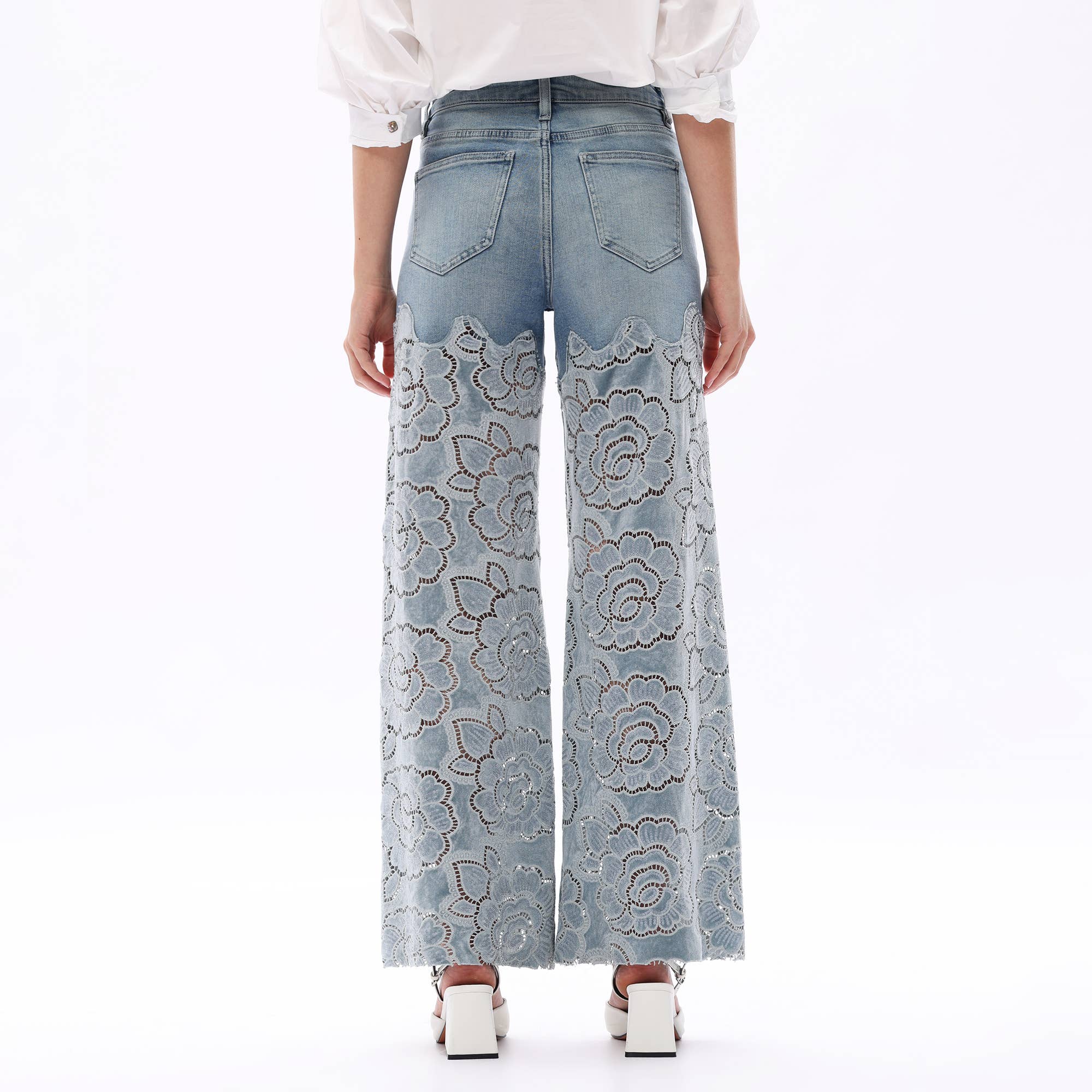 Crystal Embellished Velvet Floral Lace Wide Leg Jeans at ooh la la! in Grapevine TX 76051