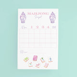 Taylor Paladino Mahjong Scorepad with pink grid, ginger jar illustrations, and mahjong tile artwork