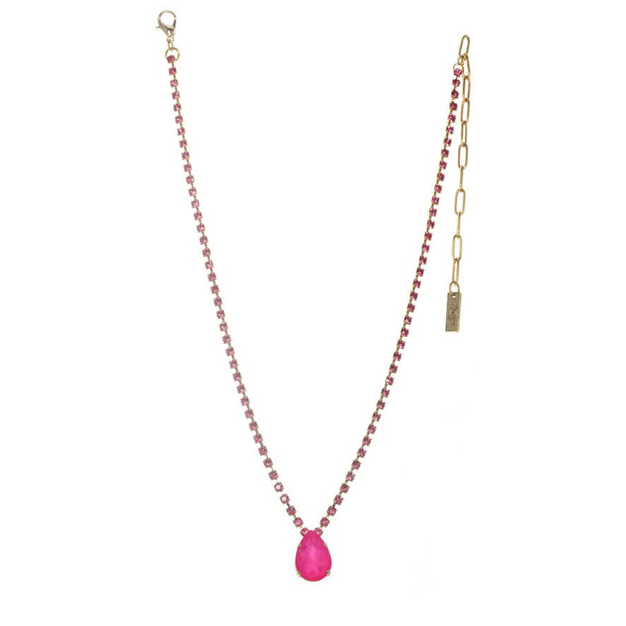 Electric Pink TOVA Milli Necklace, Swarovski crystal jewelry, gold plated teardrop necklace, electric blue pendant, pink crystal necklace, luxury statement jewelry, designer brass necklace, vibrant crystal pendant. at ooh la la! in Grapevine TX 76051