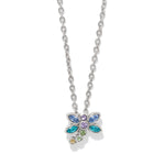 Brighton dragonfly necklace with colorful gemstones on silver chain against white background