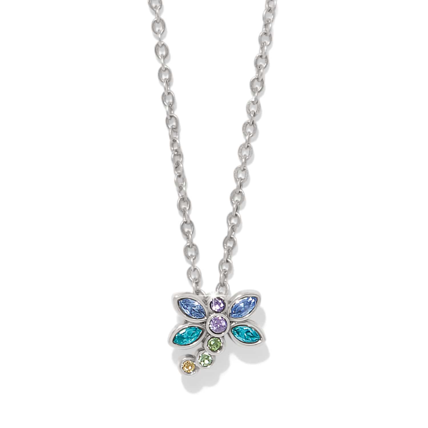 Brighton dragonfly necklace with colorful gemstones on silver chain against white background