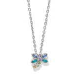 Brighton dragonfly necklace with colorful gemstones on silver chain against white background
