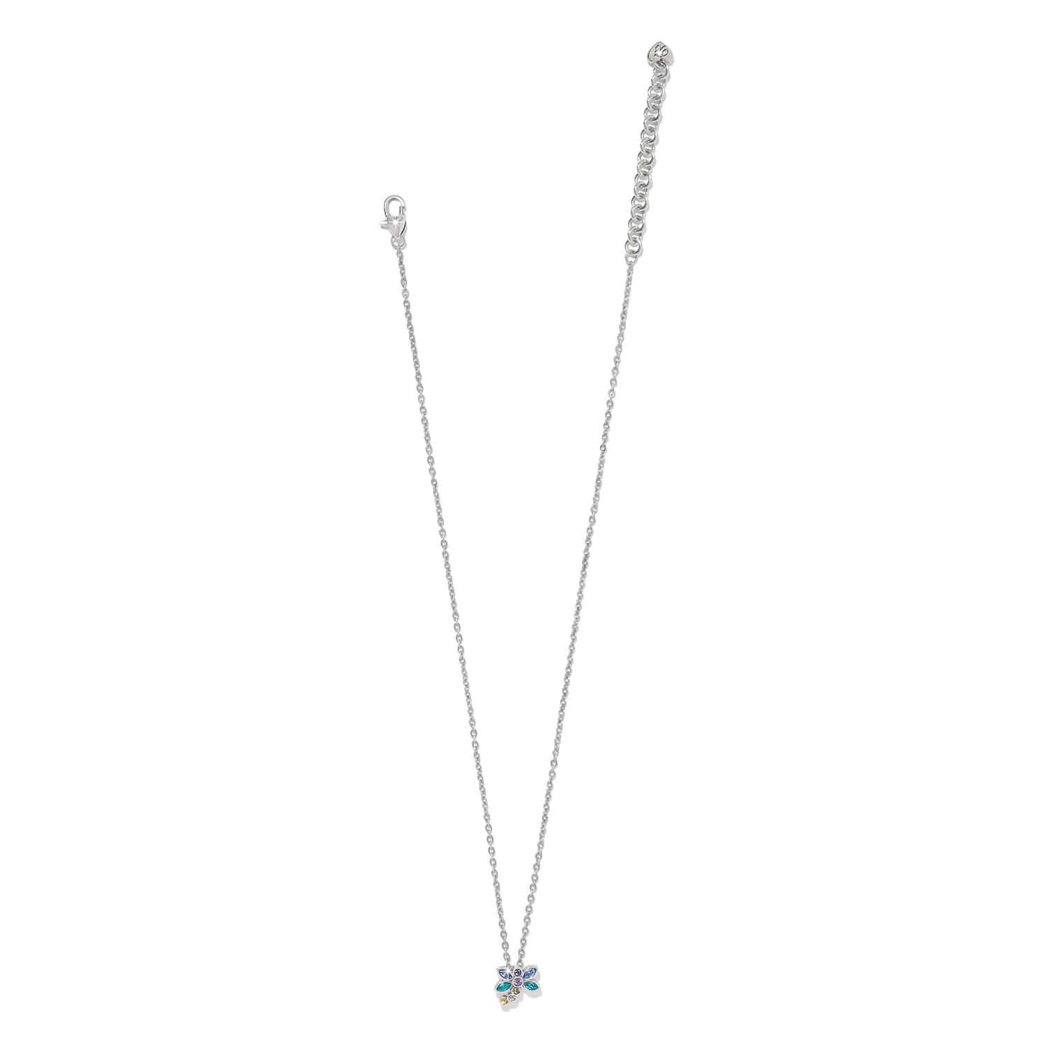 Brighton silver chain necklace with colorful crystal dragonfly pendant on white background