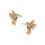 Gold hummingbird earrings with colorful crystals in purple, green, and pink