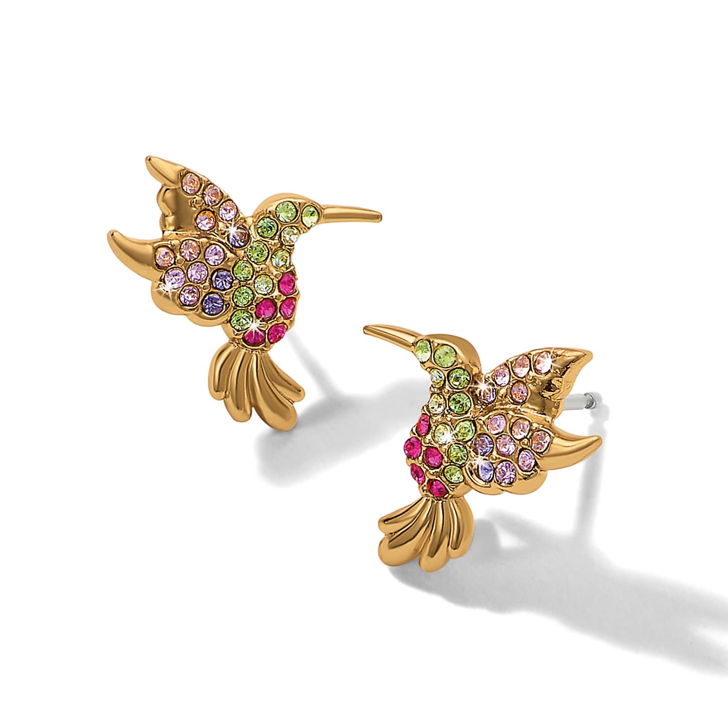 Gold hummingbird stud earrings with colorful crystal embellishments on white background
