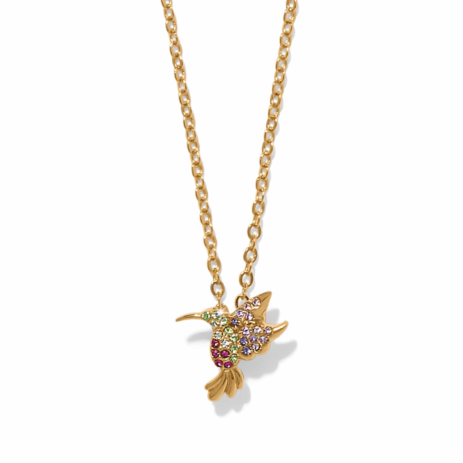 Brighton gold hummingbird pendant necklace with multicolored crystals on chain