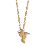 Gold hummingbird pendant necklace with delicate chain on white background