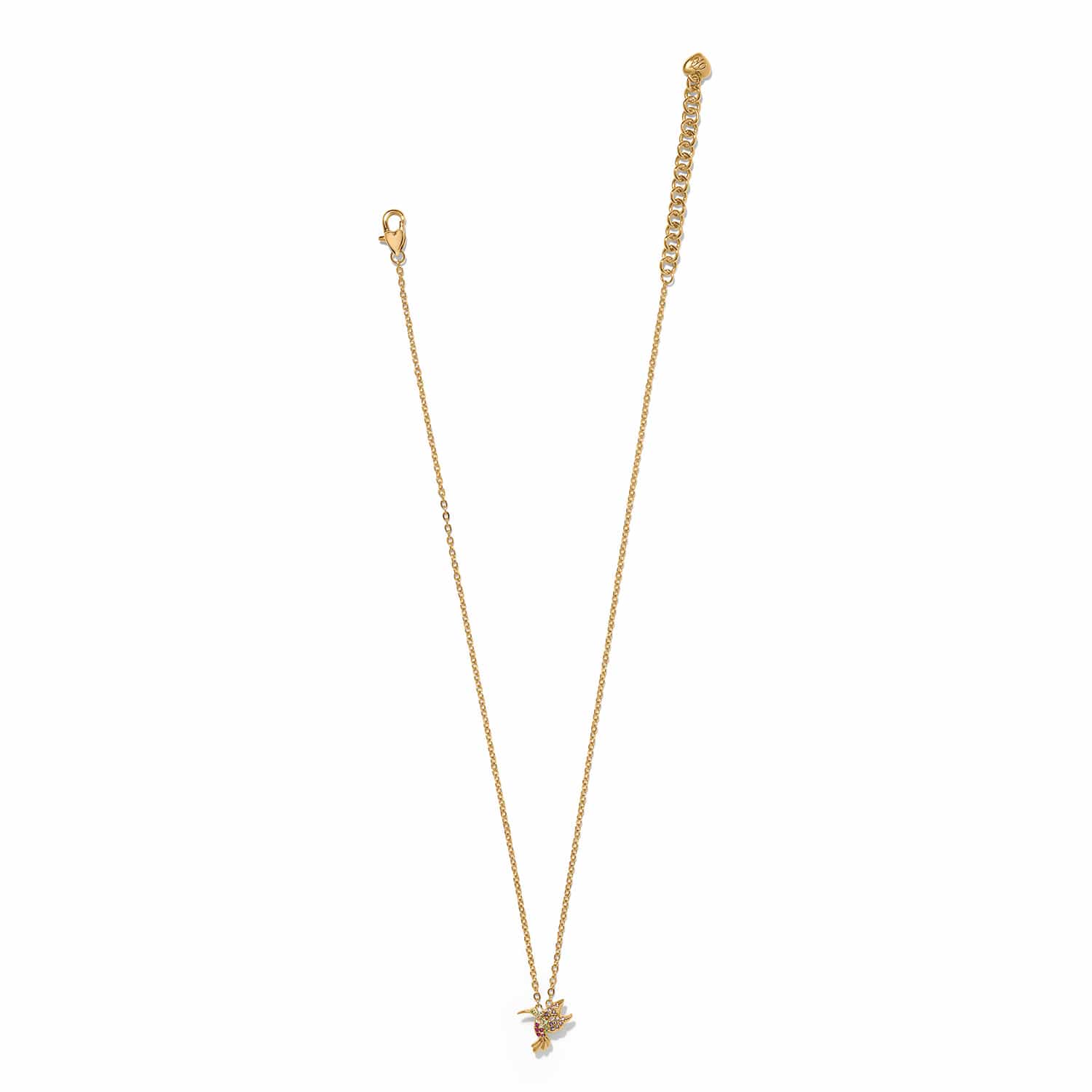 Gold chain necklace with small hummingbird pendant featuring sparkling gems