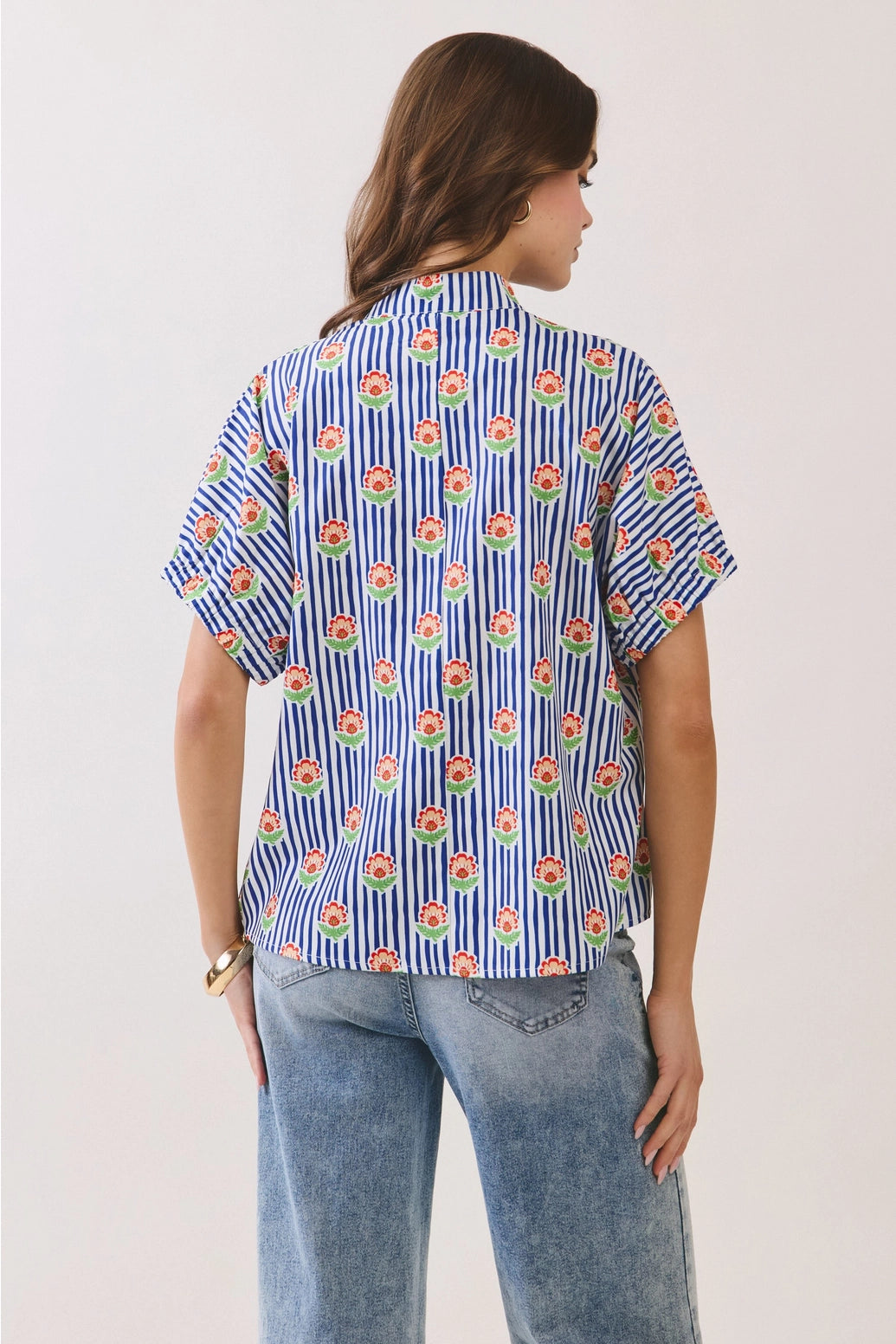 floral stripe print, split neck blouse, women top, versatile blouse, dressy casual top at ooh la la! in Grapevine TX 76051