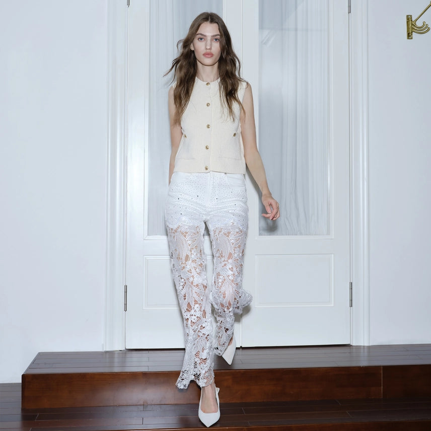 High Rise Wide Leg Lace Denim Jeans With Rhinestones - White at ooh la la! in Grapevine TX 76051