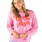 Simply Southern candy cane fuzzy sweater lifestyle view