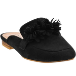 Corky's Just A Sip Flat Mule with Floral Details - Black Faux Suede at ooh la la! in Grapevine TX 76051
