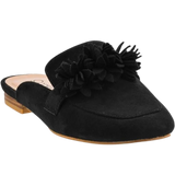 Corky's Just A Sip Flat Mule with Floral Details - Black Faux Suede at ooh la la! in Grapevine TX 76051