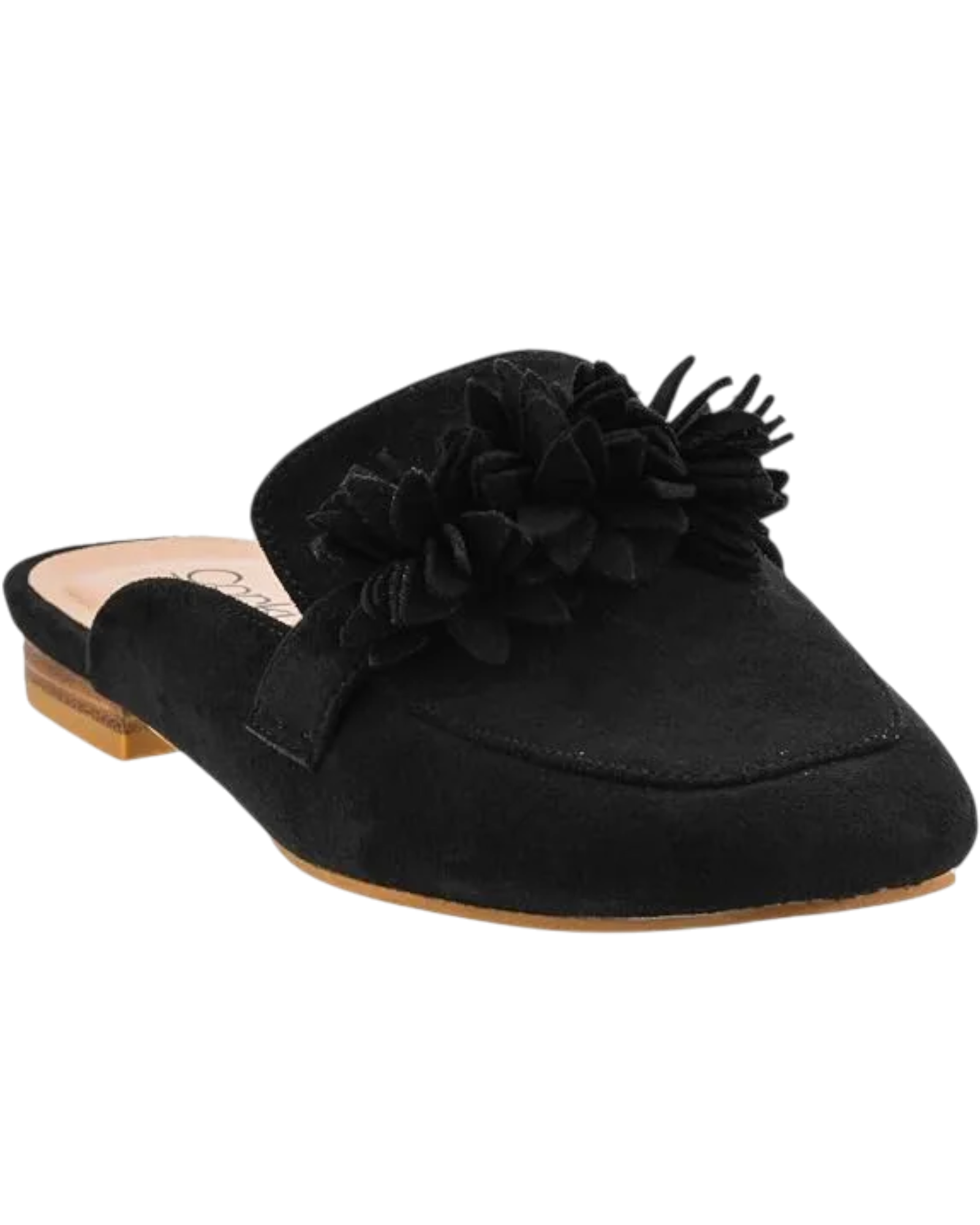 Corky's Just A Sip Flat Mule with Floral Details - Black Faux Suede at ooh la la! in Grapevine TX 76051