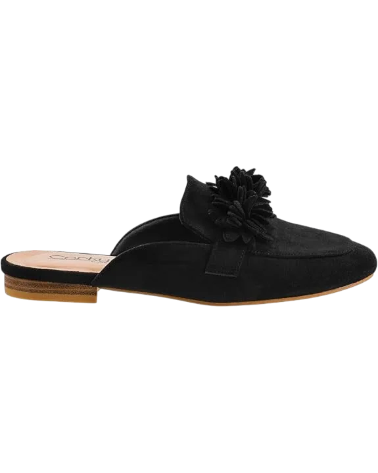 Corky's Just A Sip Flat Mule with Floral Details - Black Faux Suede at ooh la la! in Grapevine TX 76051