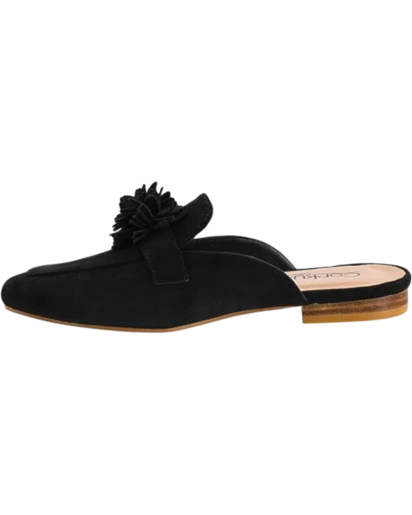 Corky's Just A Sip Flat Mule with Floral Details - Black Faux Suede at ooh la la! in Grapevine TX 76051