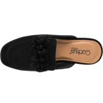 Corky's Just A Sip Flat Mule with Floral Details - Black Faux Suede at ooh la la! in Grapevine TX 76051