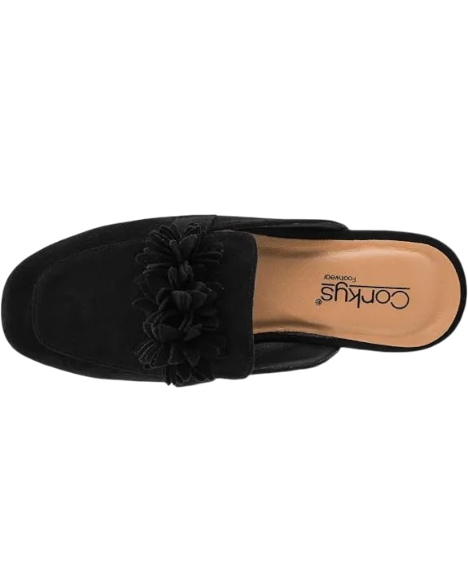 Corky's Just A Sip Flat Mule with Floral Details - Black Faux Suede at ooh la la! in Grapevine TX 76051