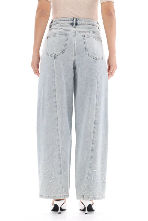 Berlin barrel jeans, pearl embellished denim, rhinestone jeans, high waisted barrel jeans, light blue women's jeans, luxury denim statement, Lyocell blend jeans, trendy embellished pants at ooh la la! in Grapevine TX 76051
