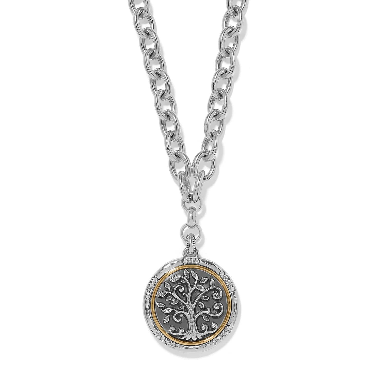 Brighton Interlok Tree of Life Necklace with silver chain and two-tone medallion pendant