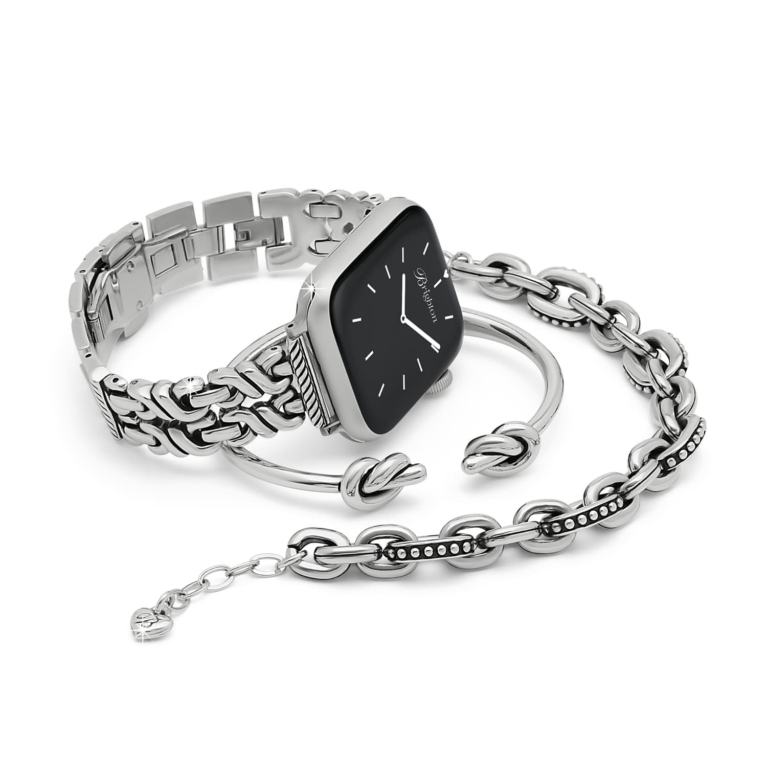 Brighton Interlok Twist Apple Watch Band in silver with decorative chain pattern at ooh la la! in Grapevine TX 76051