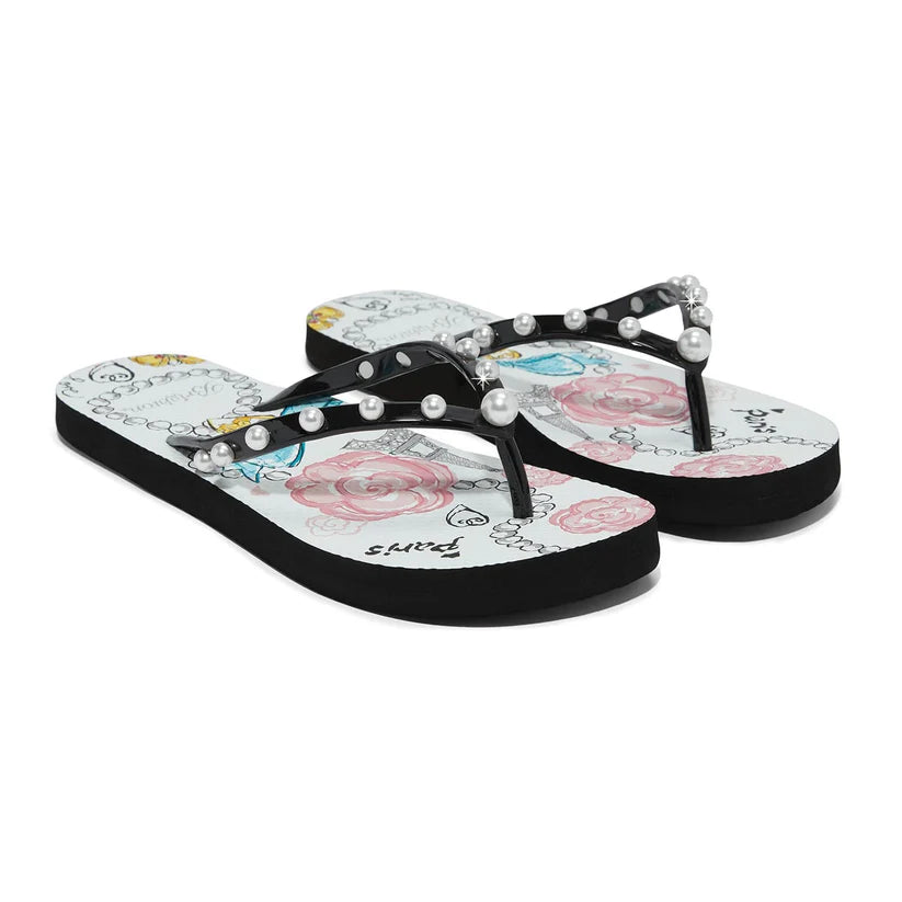 Brighton flip flops, Paris Blooms sandals, designer jewel flip flops, Fashionista Collection shoes, pearl accented sandals, comfortable arch support flip flops, Parisian print footwear, luxury rubber sandals at ooh la la! in Grapevine TX 76051
