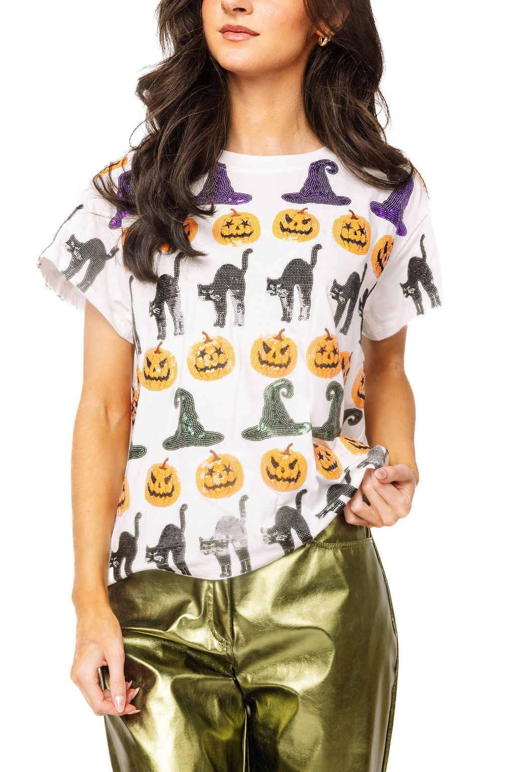Queen of Sparkles Halloween Sequin Icon Tee – Pumpkins, Cats & Witch Hats at ooh la la! in Grapevine TX 76051