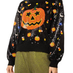 Queen of Sparkles Black Full Sequin Pumpkin & Mini Icon Sweater at ooh la la! in Grapevine TX 76051