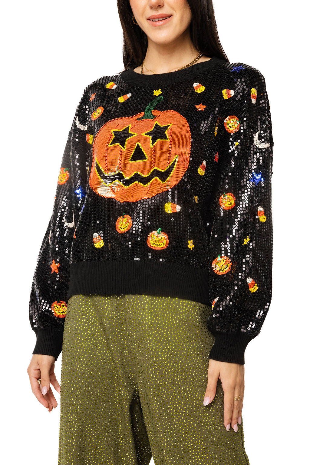 Queen of Sparkles Black Full Sequin Pumpkin & Mini Icon Sweater at ooh la la! in Grapevine TX 76051