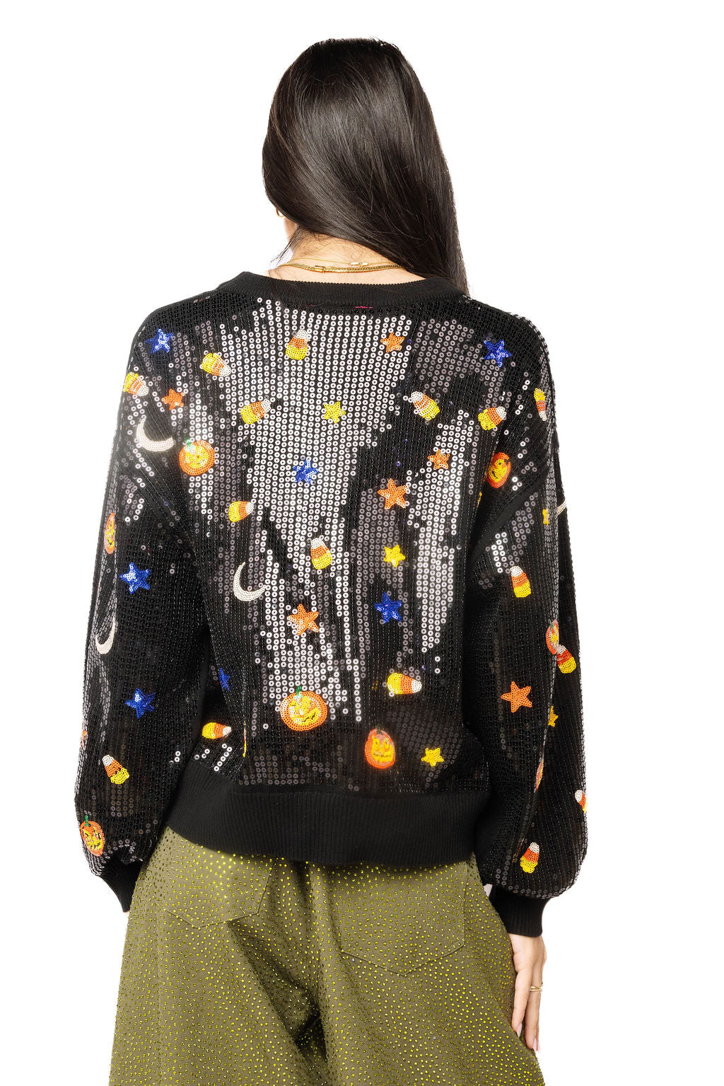 Queen of Sparkles Black Full Sequin Pumpkin & Mini Icon Sweater at ooh la la! in Grapevine TX 76051