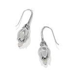 Silver tulip-shaped drop earrings with pearl accents on white background