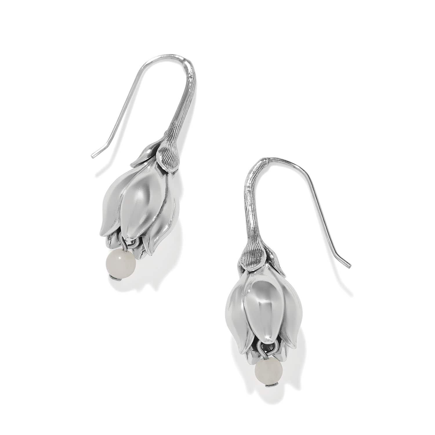 Silver tulip-shaped drop earrings with pearl accents on white background