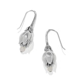 Silver tulip-shaped drop earrings with pearl accents on white background