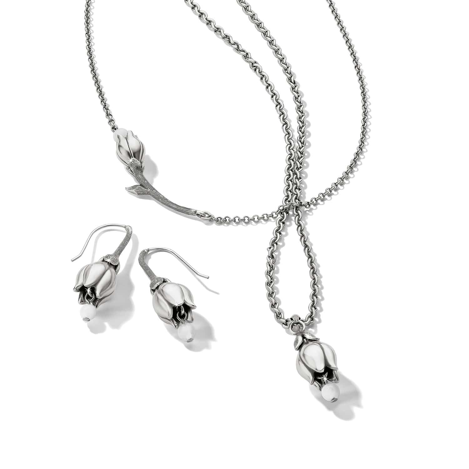Brighton La Tulipe silver tulip-shaped earrings and necklace set on white background