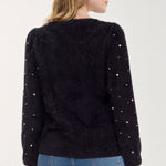 Liverpool Puff Sleeve Crew Neck Sweater with Pearls - BLACK back view