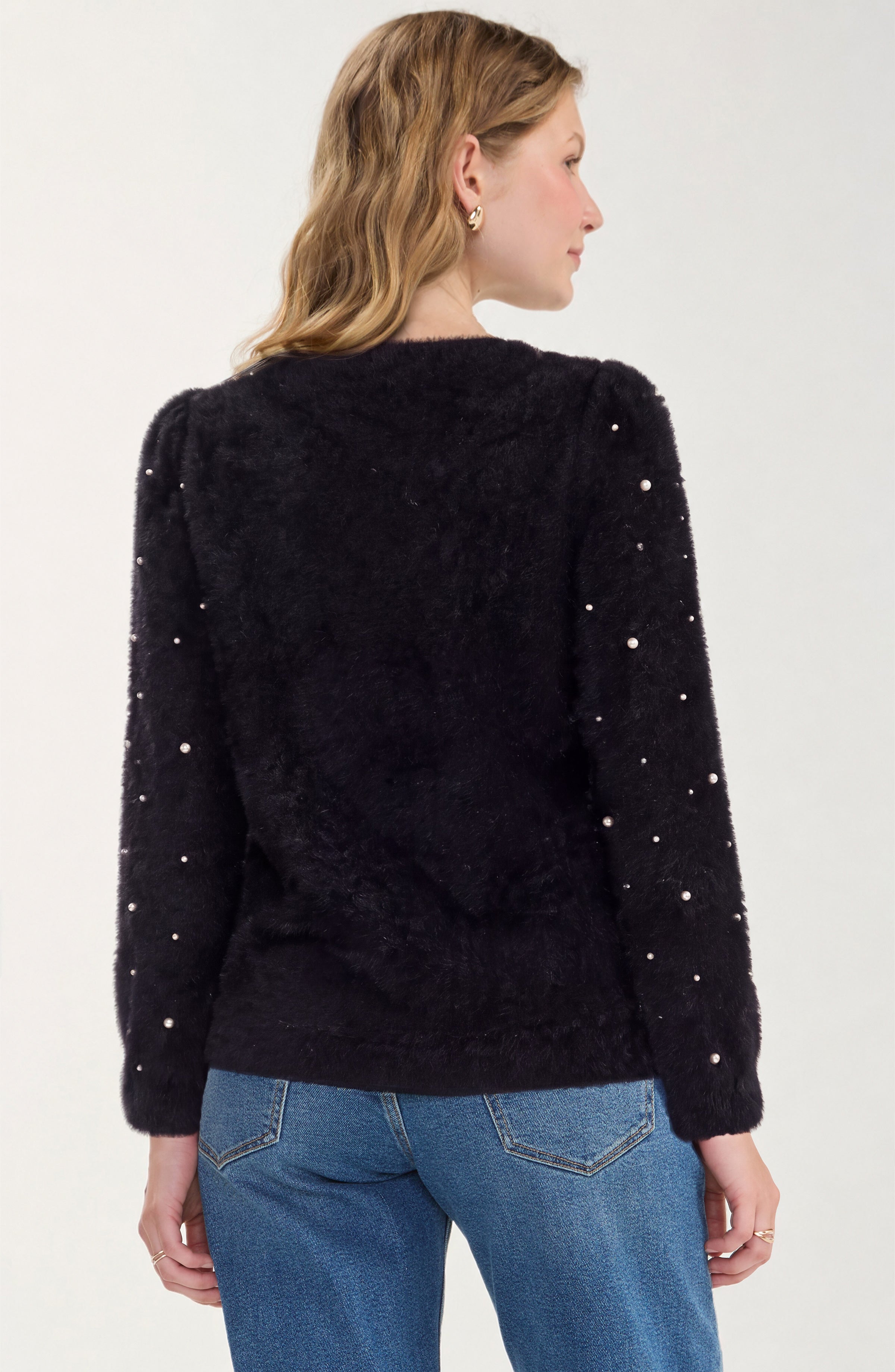 Liverpool Puff Sleeve Crew Neck Sweater with Pearls - BLACK back view