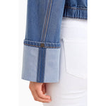 Liverpool Dreamer Jacket sleeve detail showing folded cuff with snap button in medium blue denim