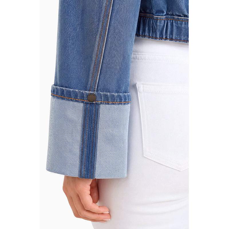 Liverpool Dreamer Jacket sleeve detail showing folded cuff with snap button in medium blue denim