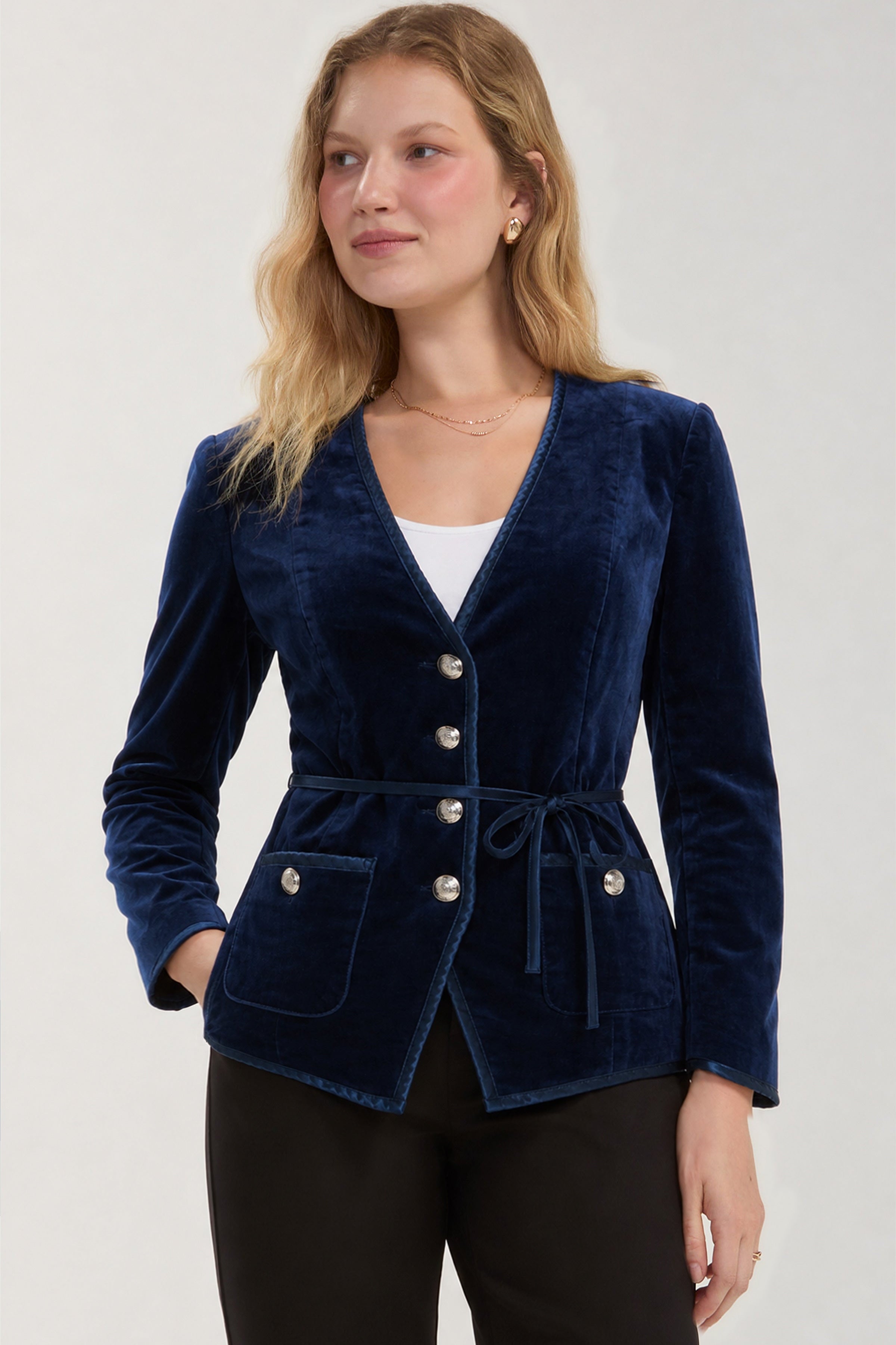 Liverpool Velvet Statement Fitted Blazer - SAPPHIRE, front view