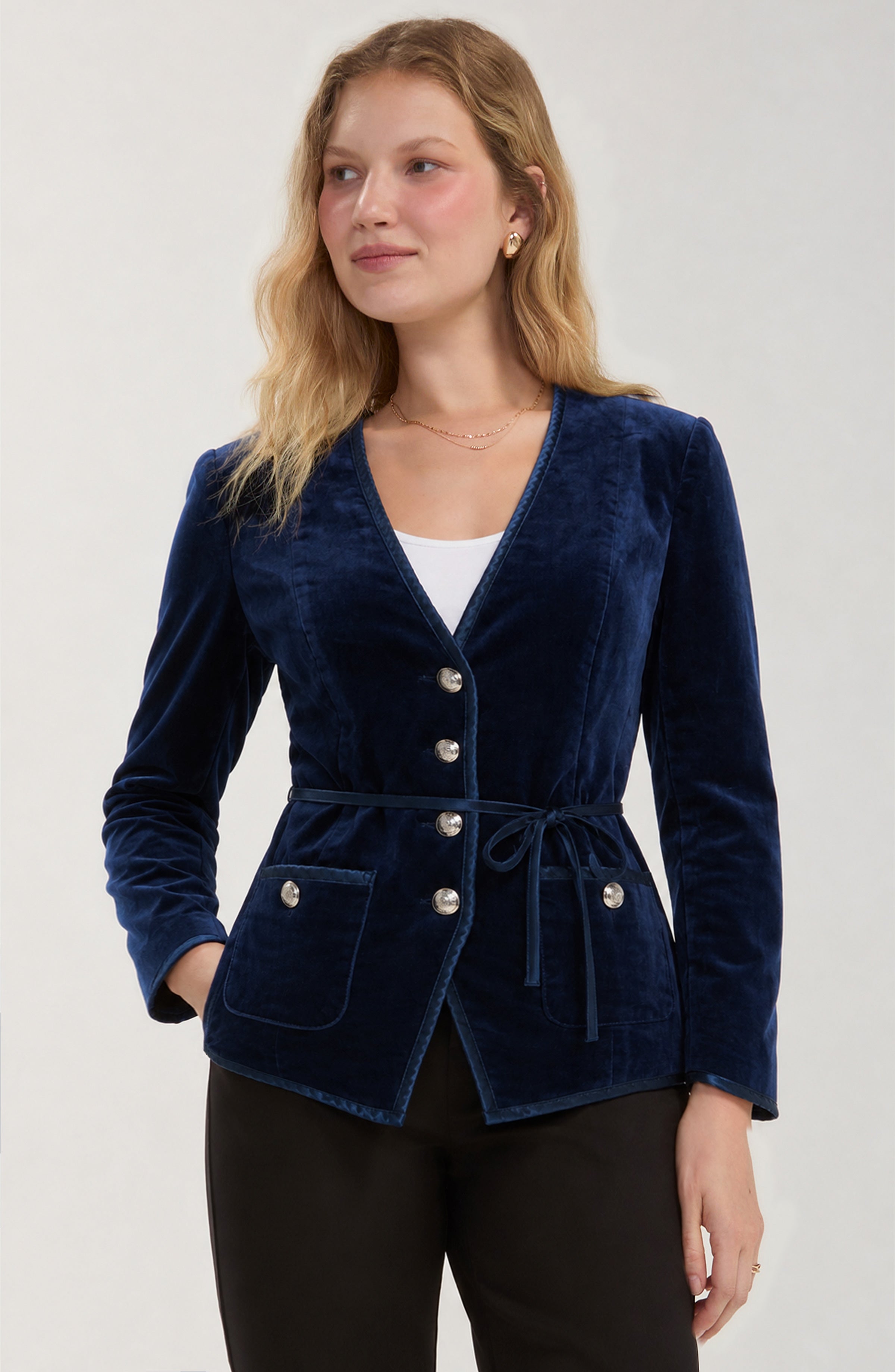 Liverpool Velvet Statement Fitted Blazer - SAPPHIRE, front view